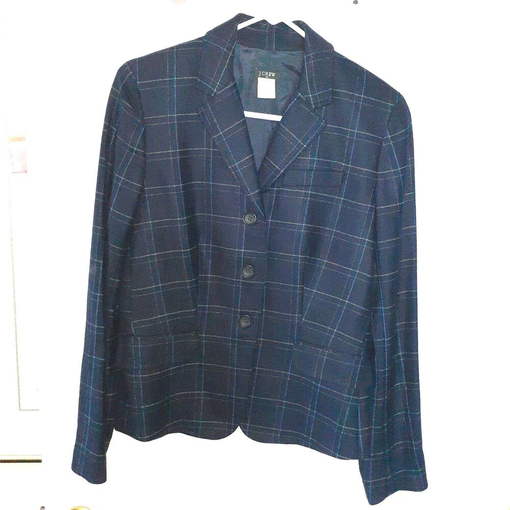 J Crew Factory Blazer Women's 6  Wool Blend Navy Plaid Lined Jacket Academia